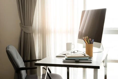 Manager Table with Desktop Computer and Business Notes Stock Photos