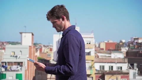Manager with tablet, working on rooftop terrace, London, british handsome Stock Footage 144671988