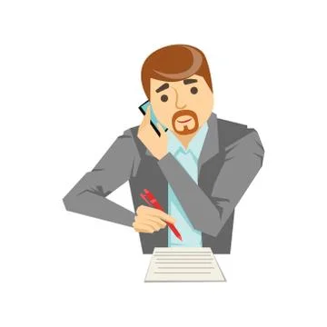 Manager Taking Notes Listening To The Smartphone, Part Of People Speaking On The Illustrazione stock