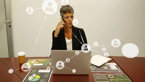 Manager taking phone, doing business call while noting charts, network nodes Stock Footage 333105476