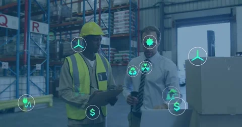 Manager tapping phone and using laptop, staff checking pad, causing eco icons Stock Footage 330444400