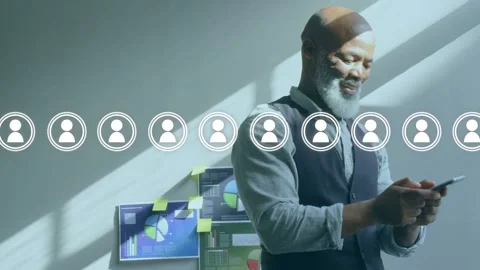 Manager tapping smartphone in office, reviewing business charts while user icons Video stock 332667054