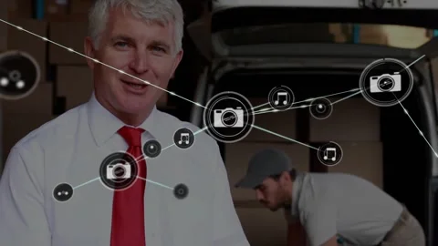 Manager tapping tablet and expanding overlay linking logistics worker loading Stock Footage 332296938