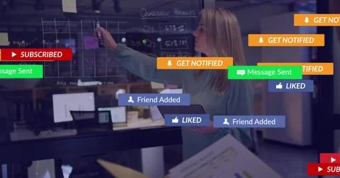 Manager tapping tablet and marking glass board, causing marketing alerts Stock Photos
