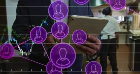 Manager tapping tablet in kitchen for ops monitoring forming purple nodes and Stock Footage 329505063