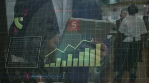 Manager tapping tablet overseeing kitchen data, HUD shifting % to charts then Stock Footage 335651625