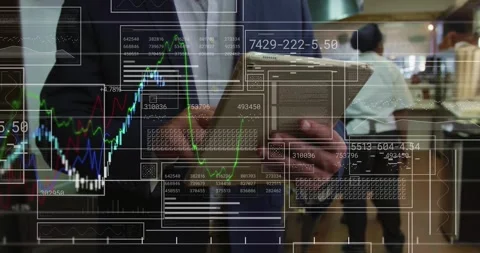 Manager tapping tablet in restaurant loading sales charts, user rotating shoe Video stock 328265474