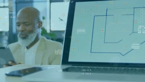 Manager tapping tablet, scrolling and showing HUD, comparing blue plan on laptop Stock Footage 329870267