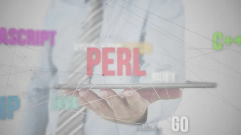 Manager tapping tablet, summoning C++ label then swiping languages and Stock Footage 313677355