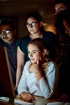Manager, team and computer at night with review, app testing and monitor li.. Stock Photos