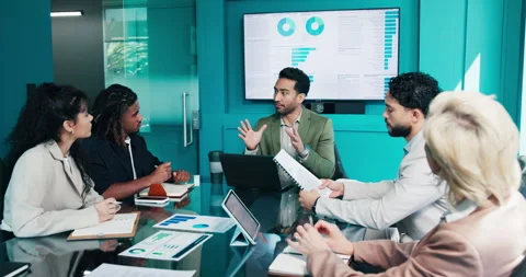 Manager, team and data analysis in boardroom with laptop, capital review and Stock Footage 347961827
