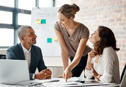 Manager, team and documents in office for meeting, project brief and client.. Stock Photos