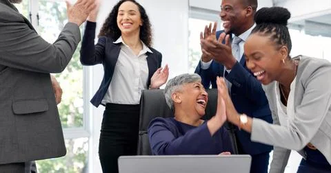 Manager, team and high five in office with laptop, applause and success for Stock Photos