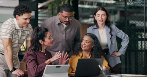 Manager, team and review in creative agency with laptop, talk and explain AI Stock Footage 340774507