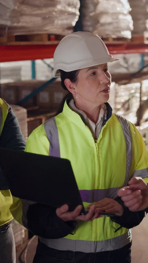 Manager, team and supply chain in warehouse with laptop, quality assurance and Stock Footage 335906702
