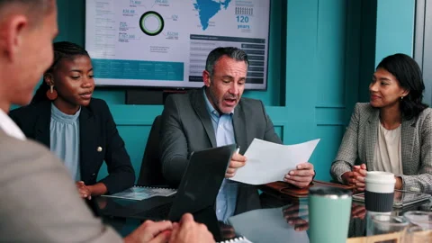 Manager, team and talk in office with paperwork, sales analysis or customer data Stock Footage 346940400