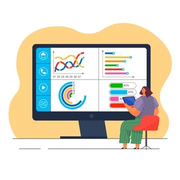 Manager testing and analyzing graph reports, business targets, company success Stock Illustration