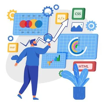 Manager testing and analyzing graph reports, business targets, company success Stock Illustration