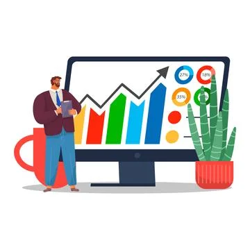 Manager testing and analyzing graph reports, business targets, company success Stock Illustration
