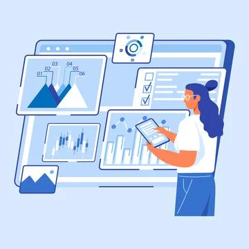 Manager testing and analyzing graph reports, business targets, company success Stock Illustration