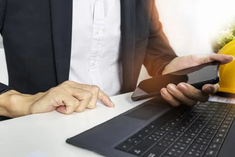 Manager touch screens, hands and electronic devices Stock Photos