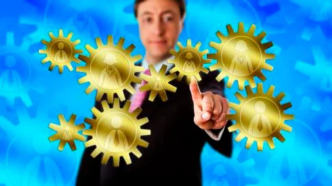 Manager Touching Gear Train Made Of Eight Workers Stock Illustration