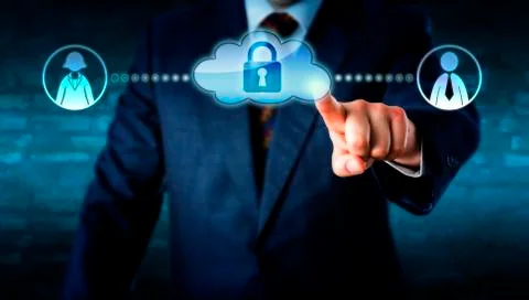 Manager Touching Locked Cloud Linked To Workers Stock Photos