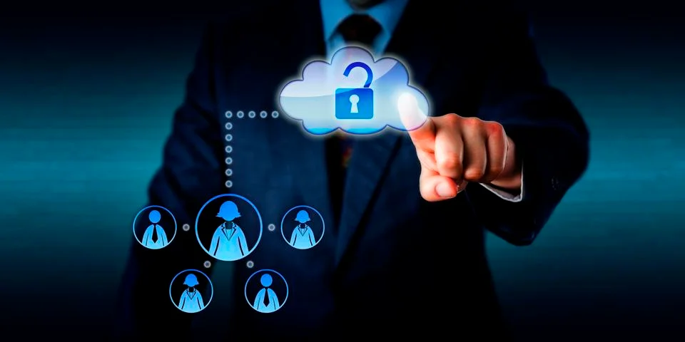 Manager Unlocking Access To A Work Team Via Cloud Stock Illustration