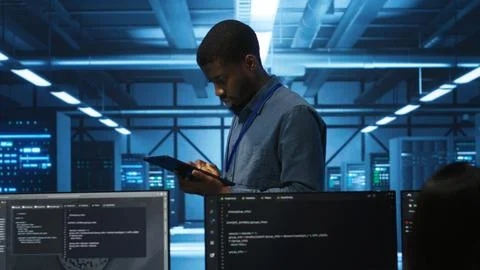 Manager uses tablet, supervising team programming in data center Stock-Fotos
