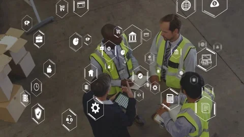 Manager using tablet staff leaning pointing to box checking warehouse shipment Stock Footage 334884154