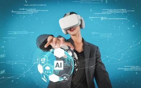 Manager using visual reality goggle while holding AI generative. Contraption. Stock-Fotos