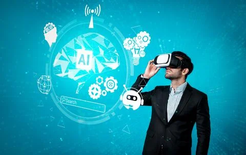 Manager using VR glass writing and programing engineering prompt. Deviation. 库存照片