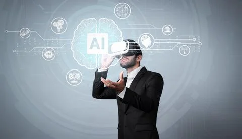 Manager using VR glass writing and programing engineering prompt. Deviation. 库存照片
