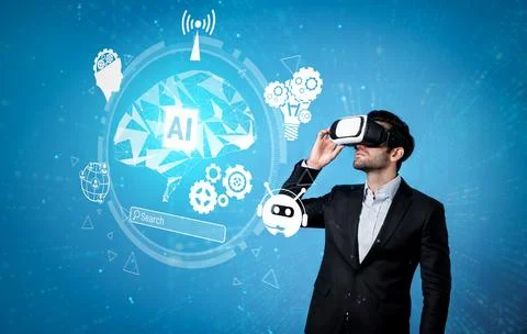 Manager using VR glass writing and programing engineering prompt. Deviation. 库存照片