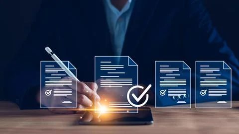 Manager is verifying the validity, security, approving requests, quality assu Stock Photos