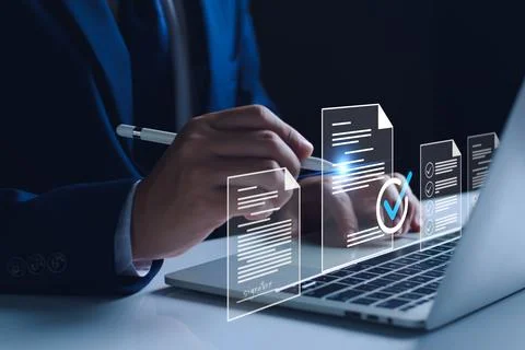 Manager is verifying the validity, security, approving requests, quality assu Stock Photos