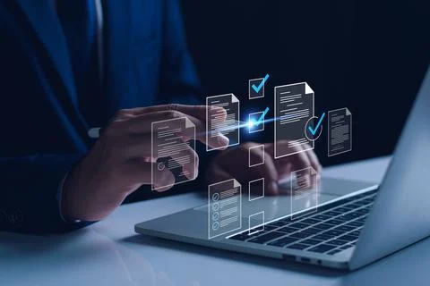 Manager is verifying the validity, security, approving requests, quality assu Stock Photos