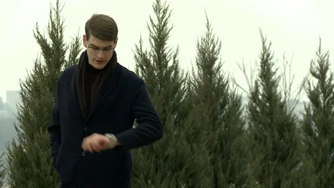 The manager is waiting for the client on the street Stock Footage 87865052