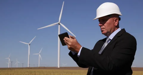 Manager Wind Farm Energy Producer Using Touch Tablet Check Turbines Performance 스톡 동영상 59330006