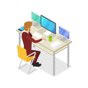 Manager work on computer isometric 3D icon Stock Illustration
