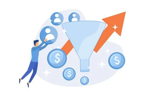 Manager working with target audience cartoon character. Marketing process, .. Illustrazione stock
