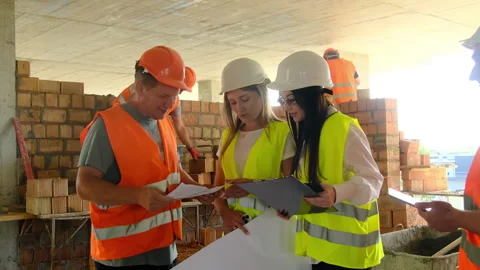 Managers talk to construction workers discussing documents Stock Footage 317614758
