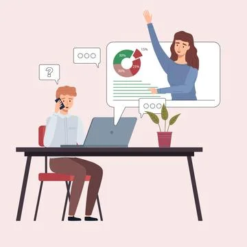 Managers testing and analyzing reports, online meeting, talking by phone Stock Illustration