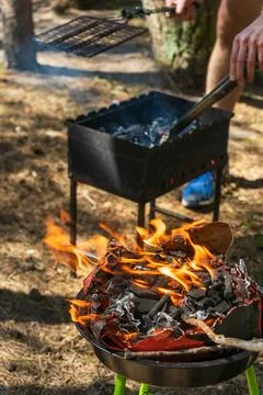 Managing charcoal heat while preparing barbecue outdoors by lake Stock-Fotos