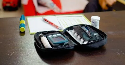 Managing diabetes with a glucometer set, medication, and record keeping Stock Photos