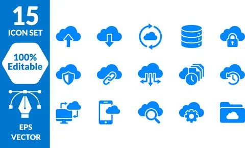 Managing Digital Cloud Data Services: Comprehensive Icon Set for Online Com.. Stock Illustration