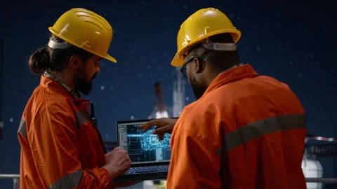 Managing disruption with AI, maritime blockade and drilling rig engineering team Stock Footage 336201030