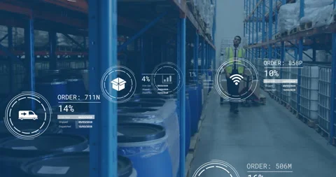 Managing inventory, warehouse worker using animation data analytics on blue Stock Footage 304840689