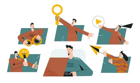 Managing a remote team concept. Connective video call, online conference, glo 스톡 일러스트
