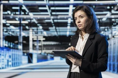 Managing server virtualization, tablet and technician in high tech data center Stock Photos